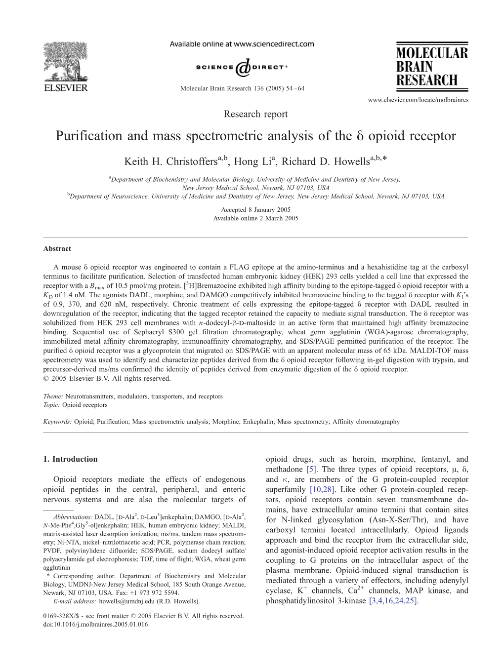 Purification and Mass Spectrometric Analysis of the Y Opioid Receptor