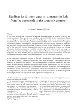 Readings for Farmers: Agrarian Almanacs in Italy from the Eighteenth to the Twentieth Century*