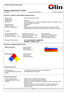 Sodium Hypochlorite, 10-20% Version 7 Revision Date 02/20/2014 Print Date 02/20/2014