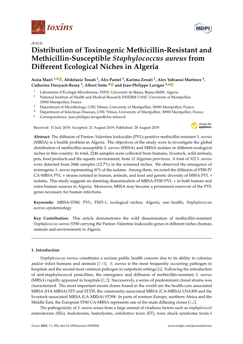 Distribution of Toxinogenic Methicillin-Resistant and Methicillin-Susceptible Staphylococcus Aureus from Different Ecological Ni