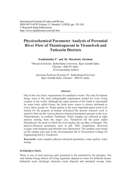 Physicochemical Parameter Analysis of Perennial River Flow of Thamiraparani in Tirunelveli and Tuticorin Districts
