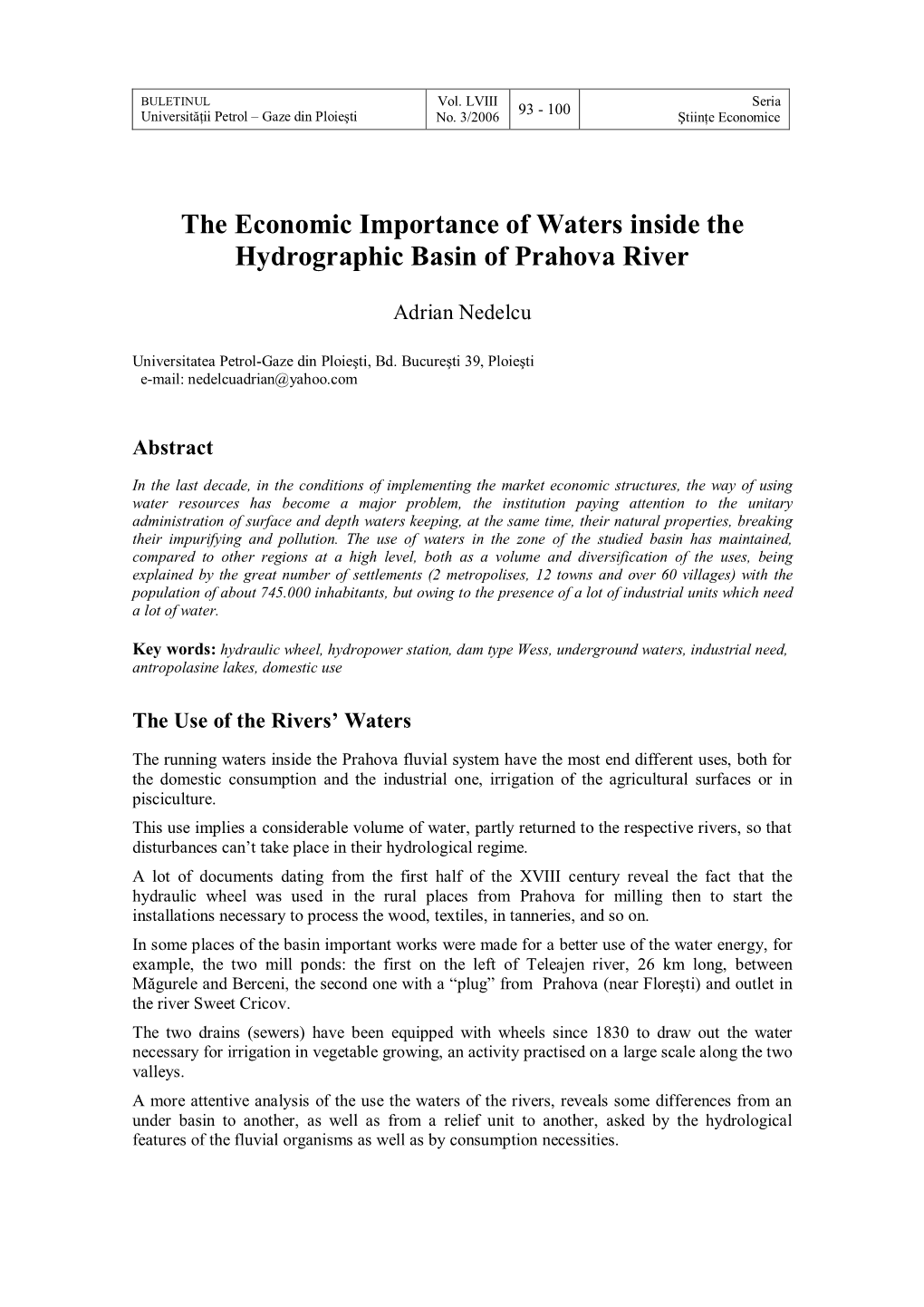 The Economic Importance of Waters Inside the Hydrographic Basin of Prahova River