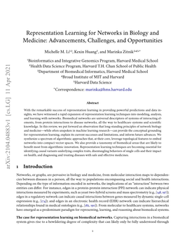 Representation Learning for Networks in Biology and Medicine: Advancements, Challenges, and Opportunities Arxiv:2104.04883V1 [C