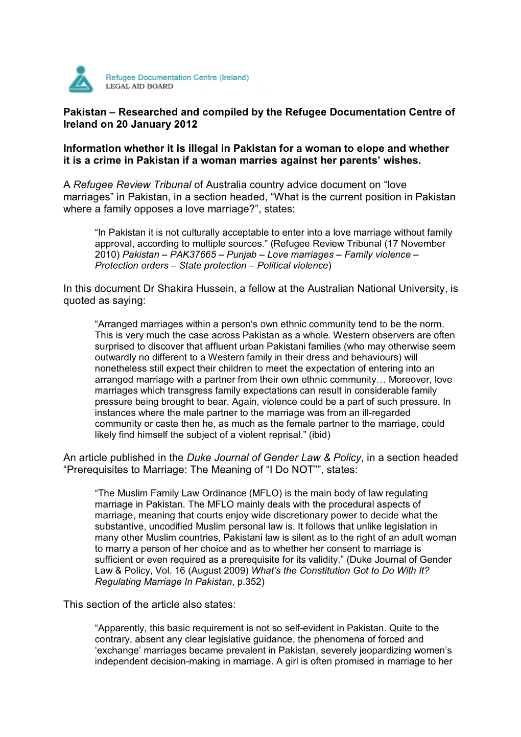 Pakistan – Researched and Compiled by the Refugee Documentation Centre of Ireland on 20 January 2012