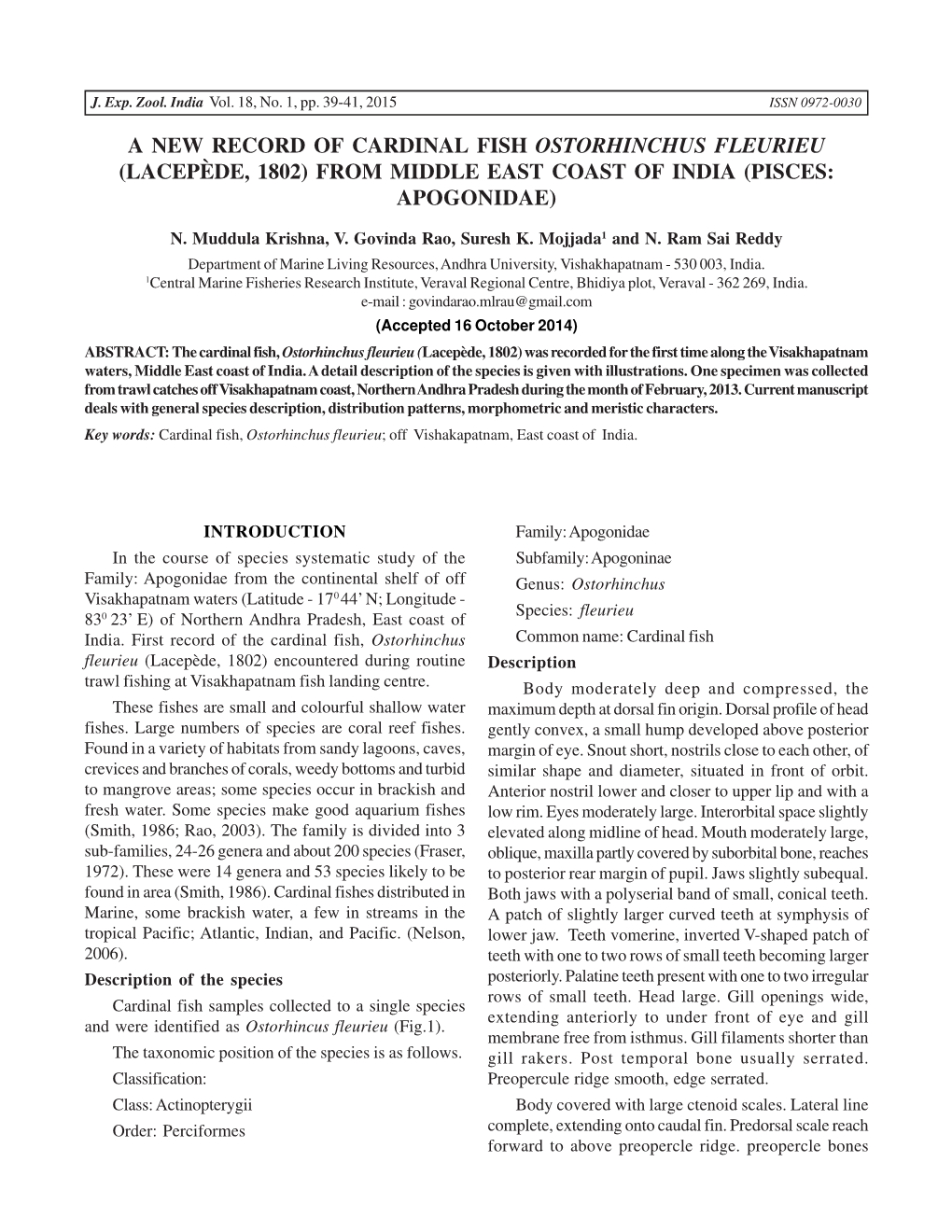 A New Record of Cardinal Fish Ostorhinchus Fleurieu (Lacepède, 1802) from Middle East Coast of India (Pisces: Apogonidae)