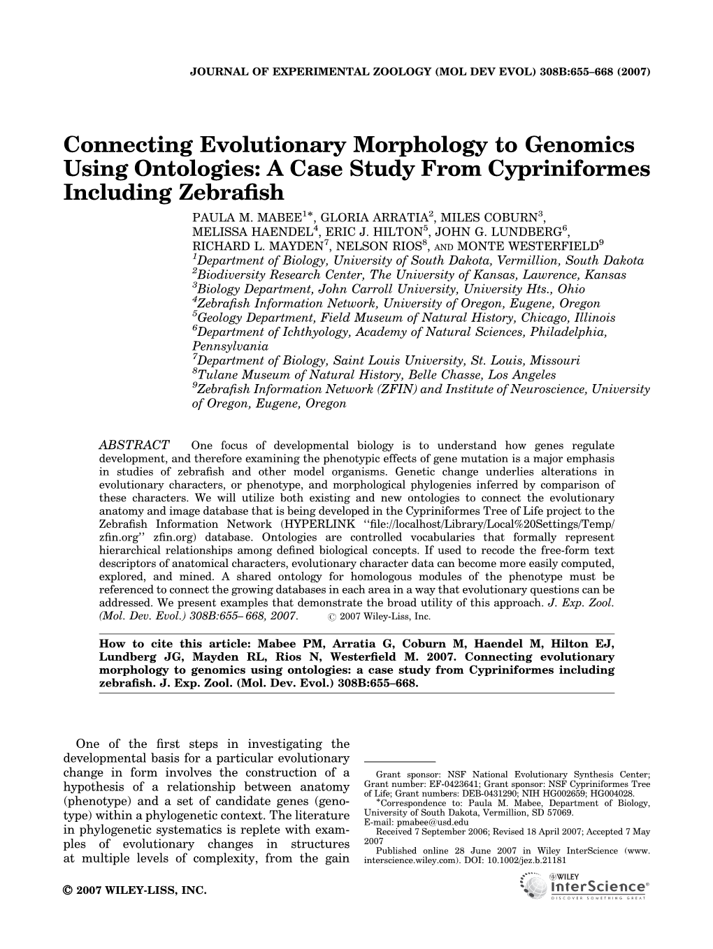 Connecting Evolutionary Morphology to Genomics Using Ontologies: a Case Study from Cypriniformes Including Zebraﬁsh PAULA M