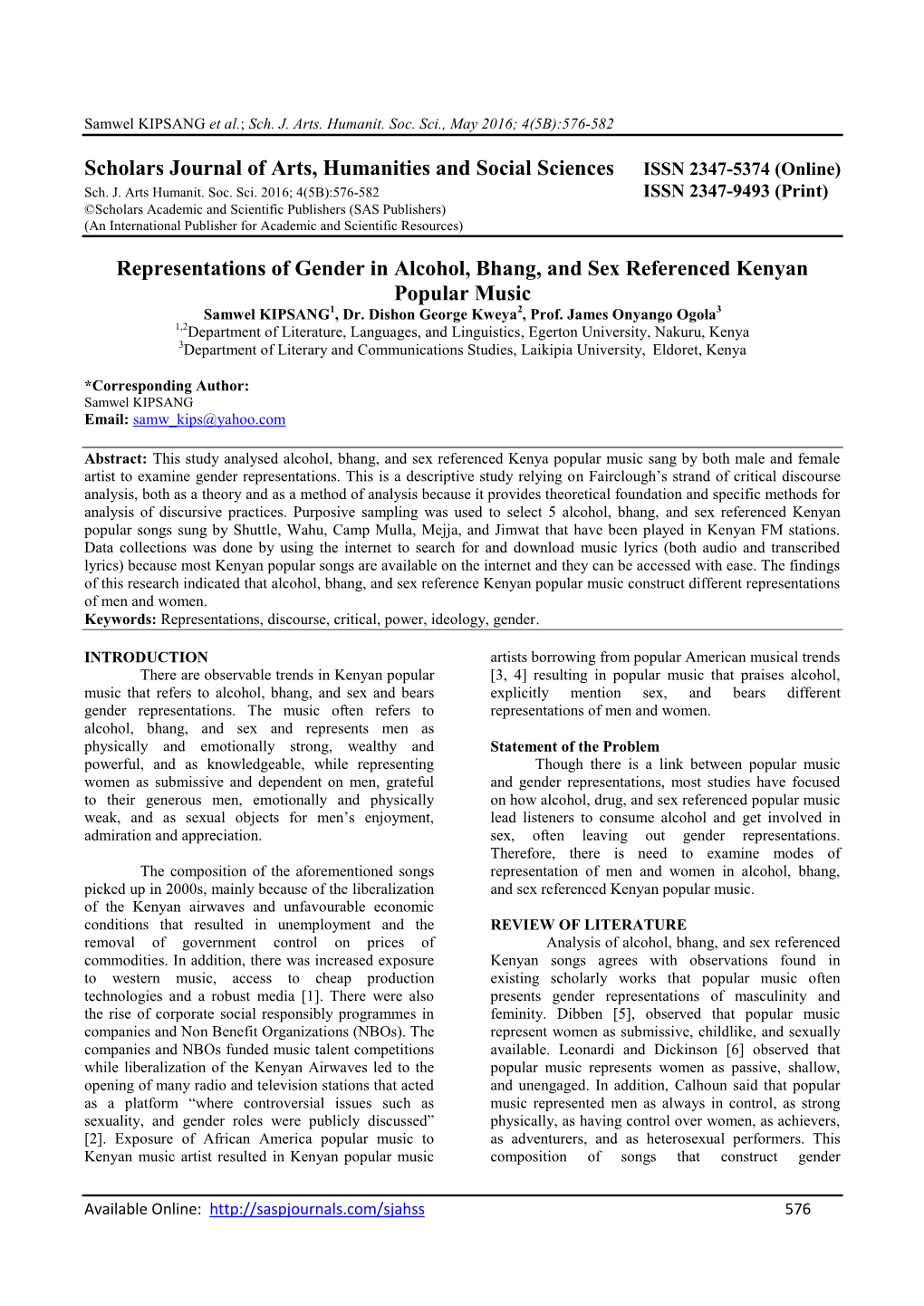 Representations of Gender in Alcohol, Bhang, and Sex Referenced Kenyan Popular Music Samwel KIPSANG1, Dr