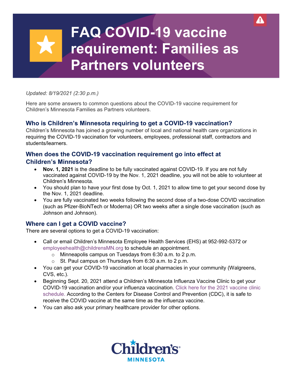 Families As Partnters Volunteer FAQ Vaccine Requirement