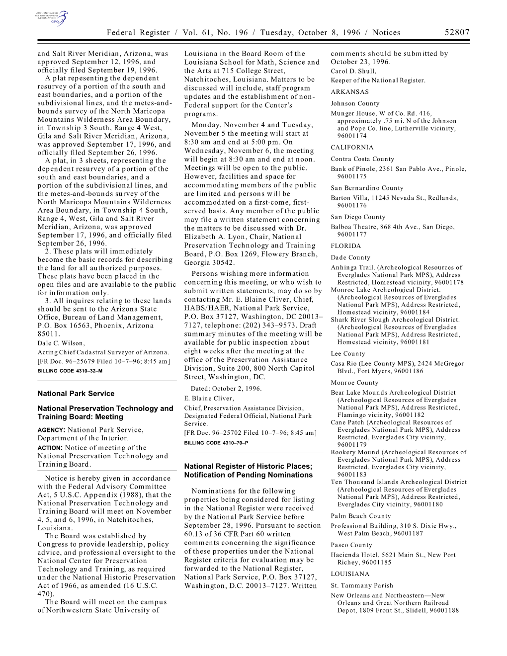 Federal Register / Vol. 61, No. 196 / Tuesday, October 8, 1996 / Notices