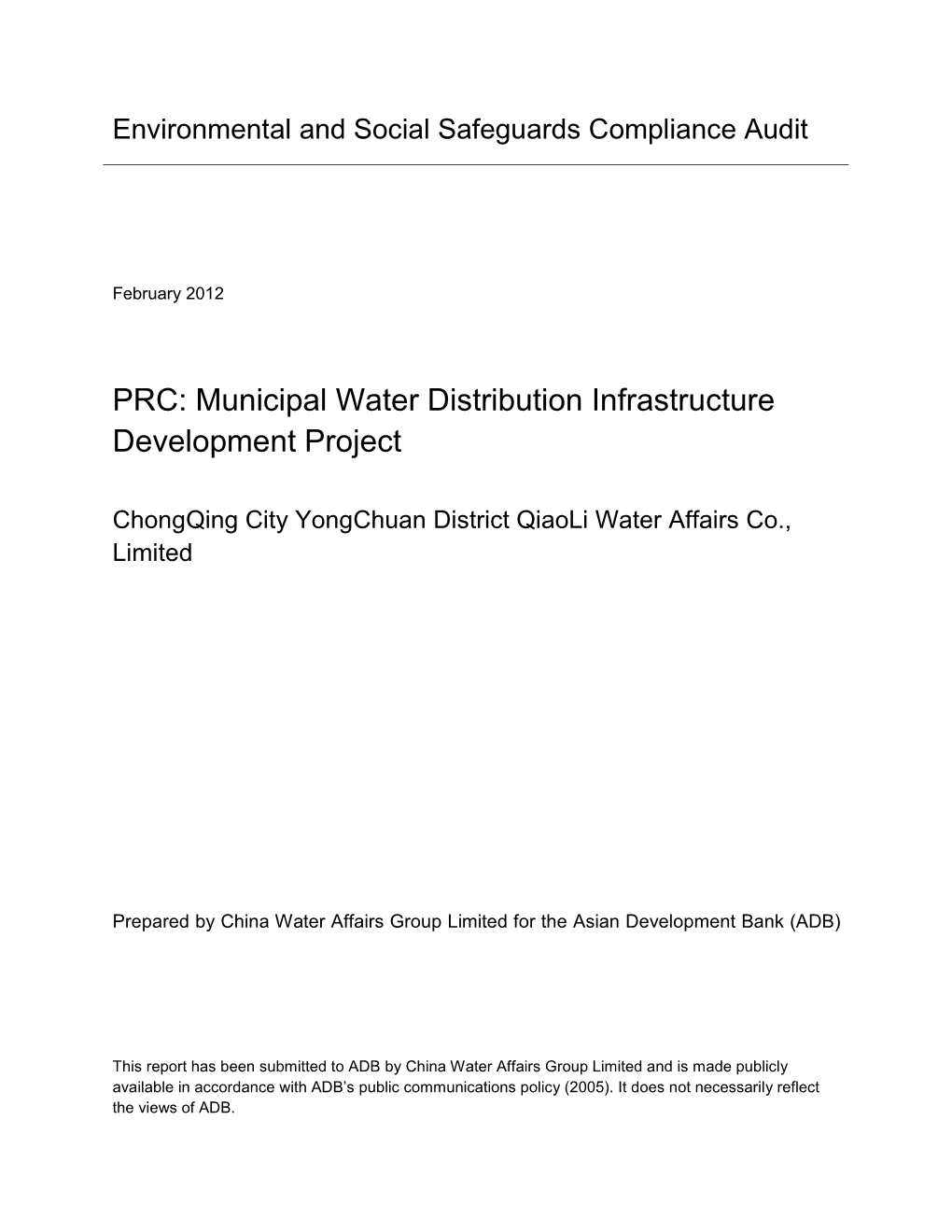 CAR: PRC: Municipal Water Distribution Infrastructure