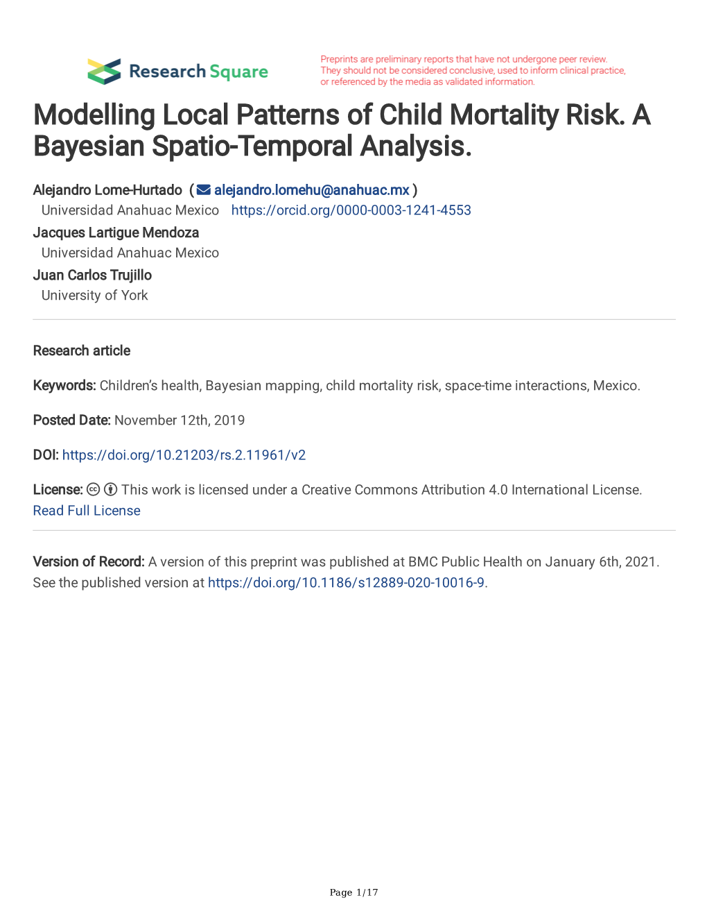 Modelling Local Patterns of Child Mortality Risk. a Bayesian Spatio-Temporal Analysis