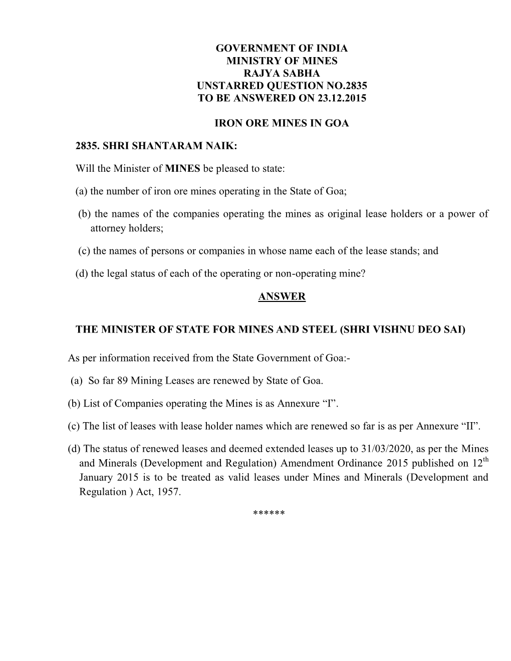 Government of India Ministry of Mines Rajya Sabha Unstarred Question No.2835 to Be Answered on 23.12.2015