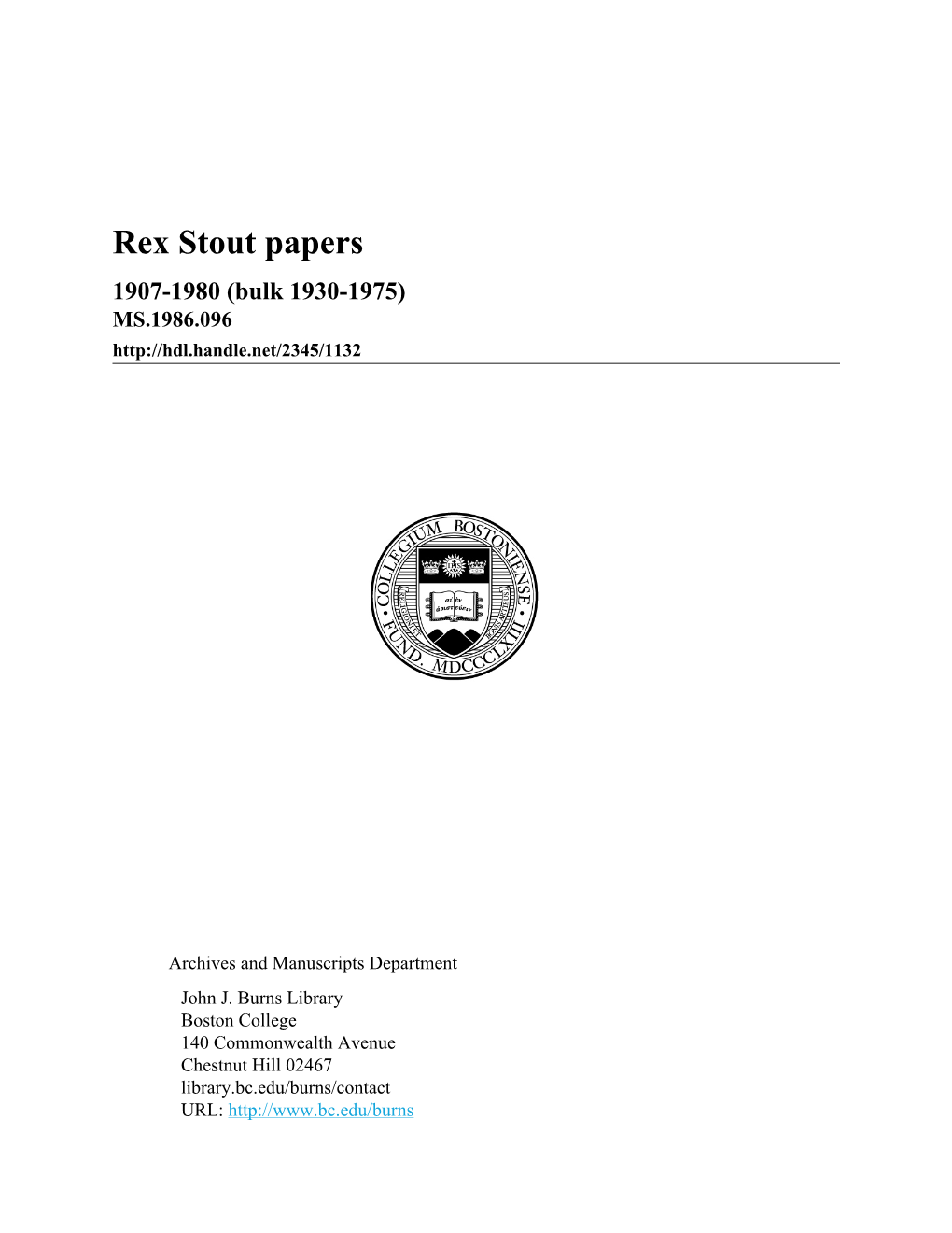 Rex Stout Papers 1907-1980 (Bulk 1930-1975) MS.1986.096