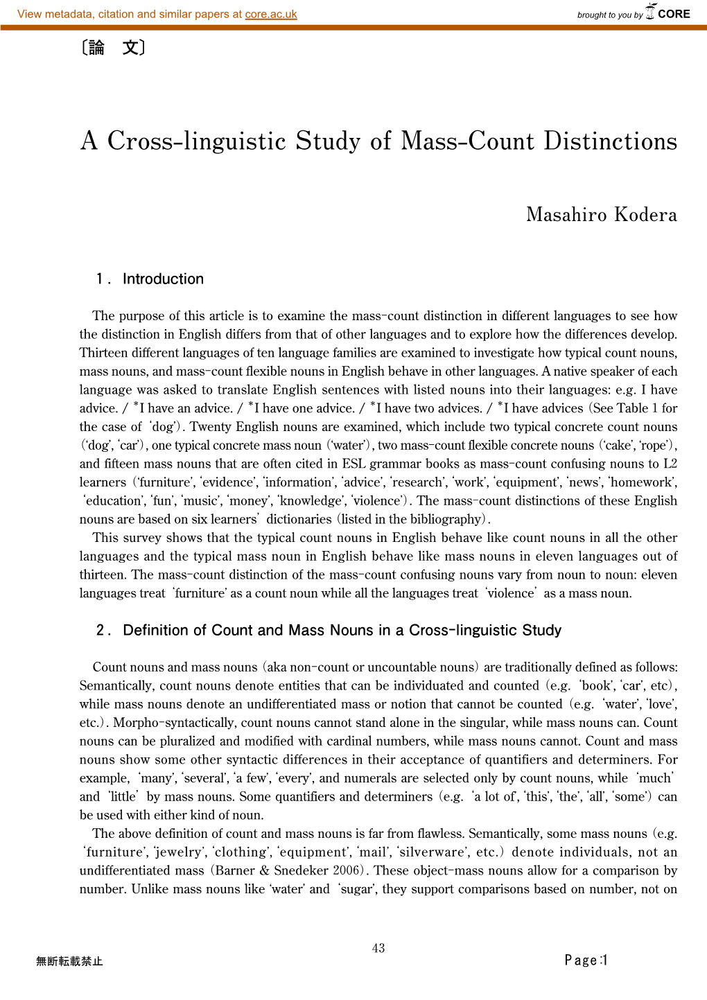 A Cross-Linguistic Study of Mass-Count Distinctions