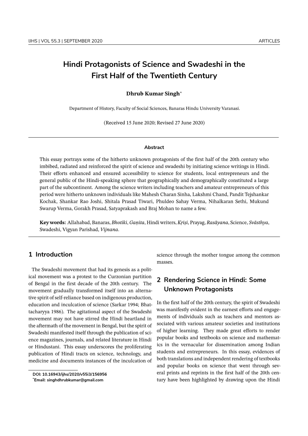 Hindi Protagonists of Science and Swadeshi in the First Half of the Twentieth Century