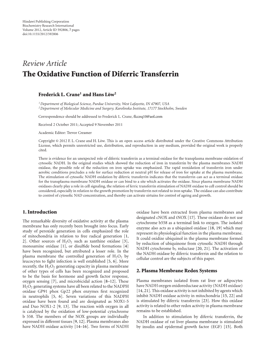 The Oxidative Function of Diferric Transferrin