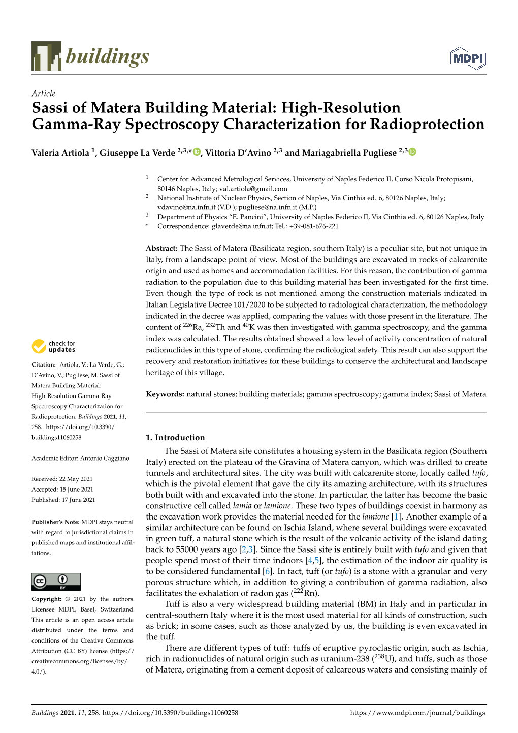 Sassi of Matera Building Material: High-Resolution Gamma-Ray Spectroscopy Characterization for Radioprotection