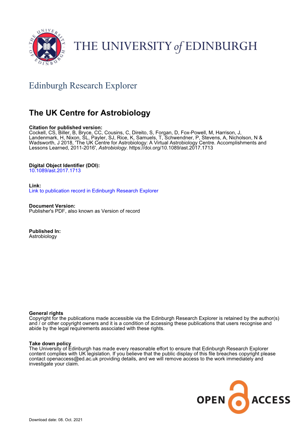 The UK Centre for Astrobiology