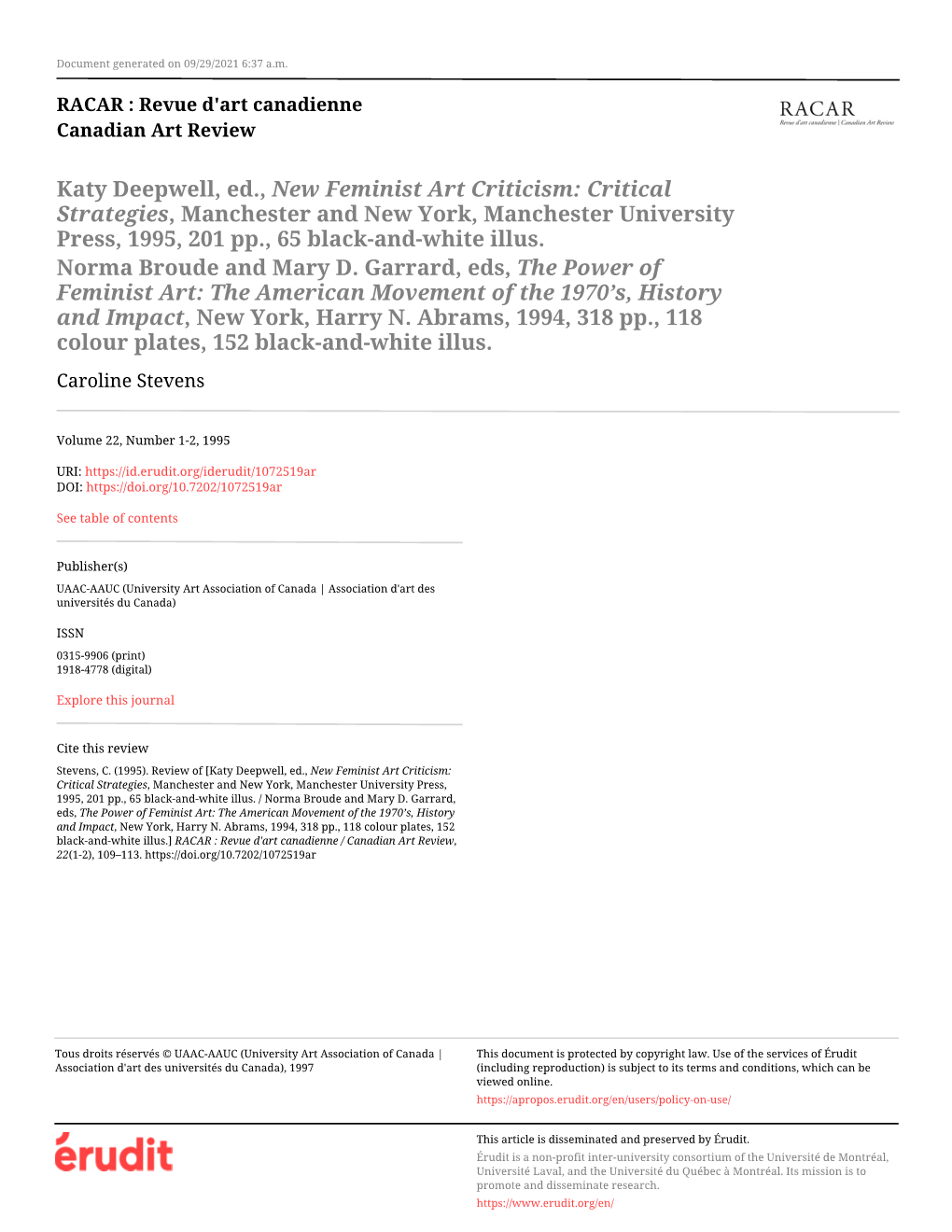 Katy Deepwell, Ed., New Feminist Art Criticism: Critical Strategies, Manchester and New York, Manchester University Press, 1995, 201 Pp., 65 Black-And-White Illus