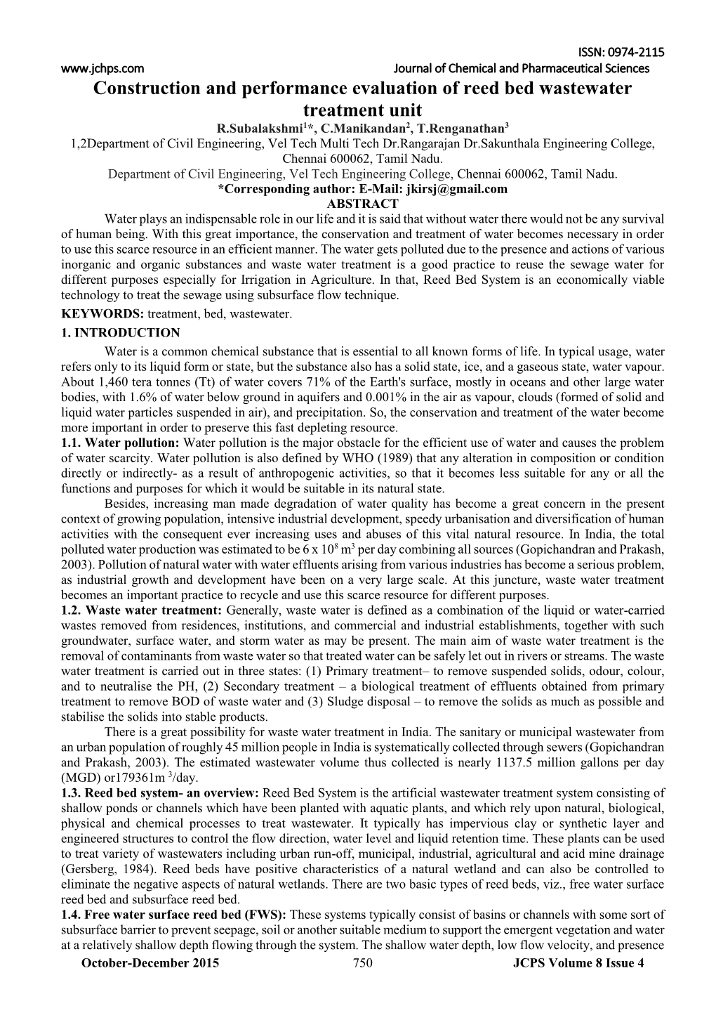 Construction and Performance Evaluation of Reed Bed Wastewater