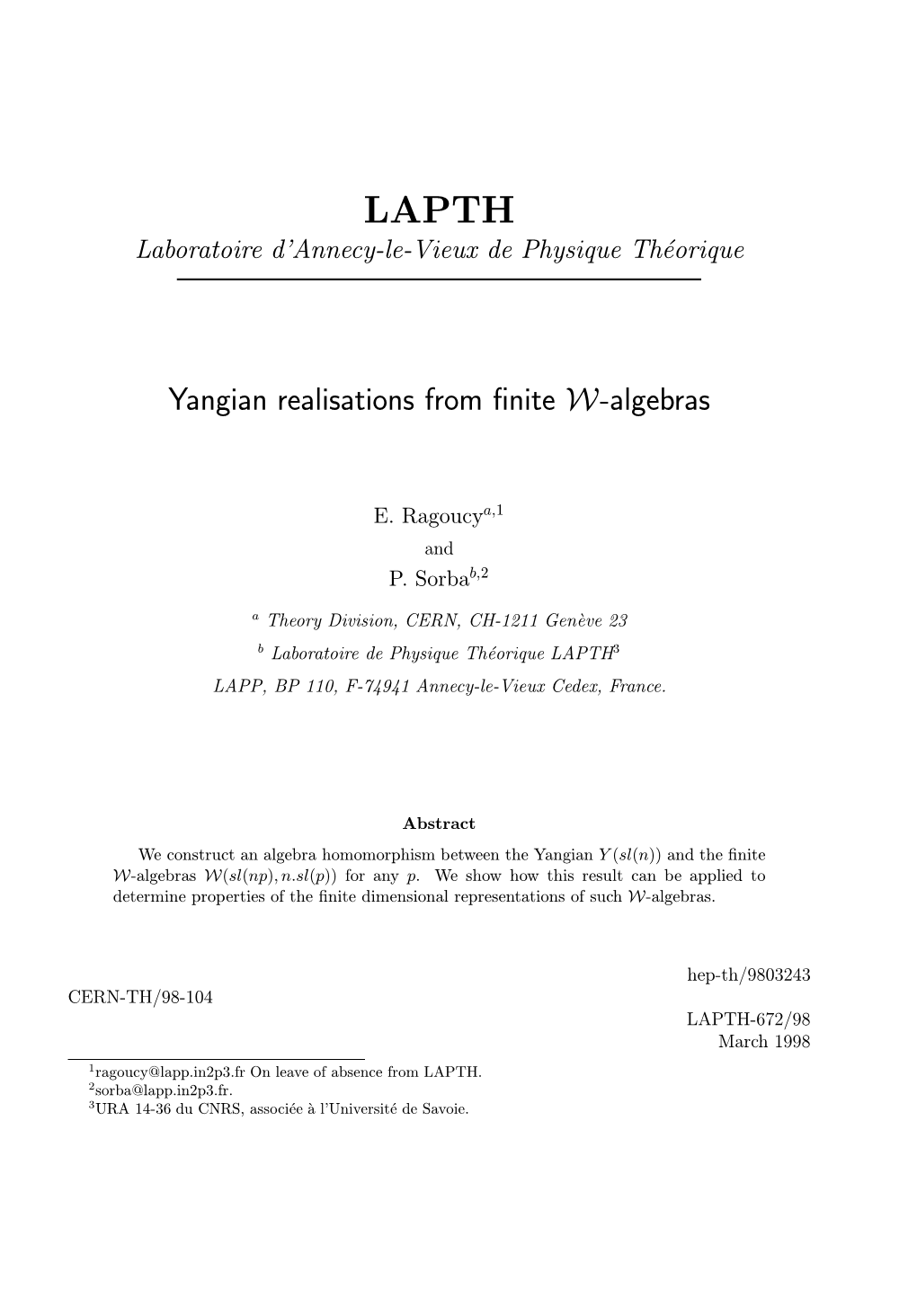 Yangian Realisations from Finite W-Algebras