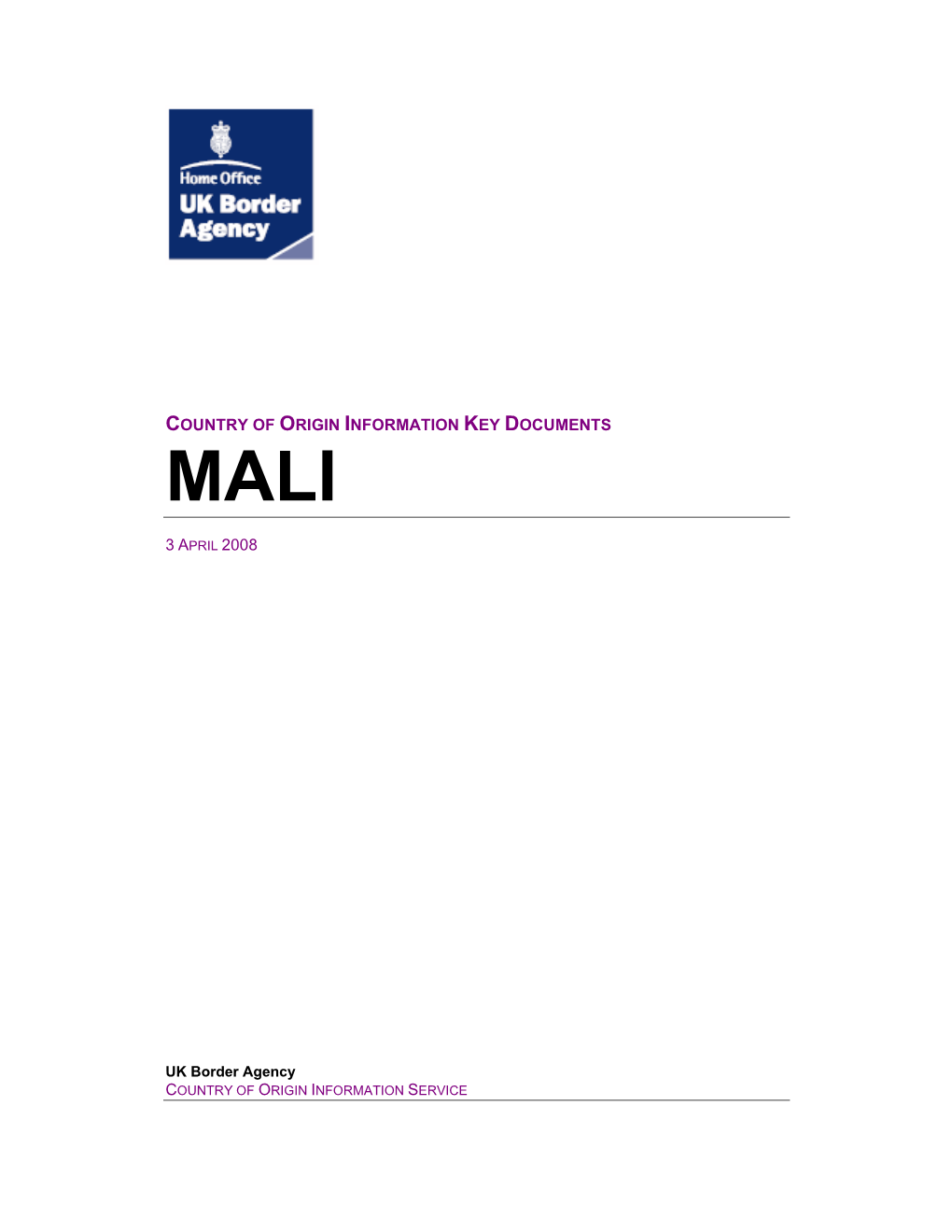 Country of Origin Information Key Documents Mali