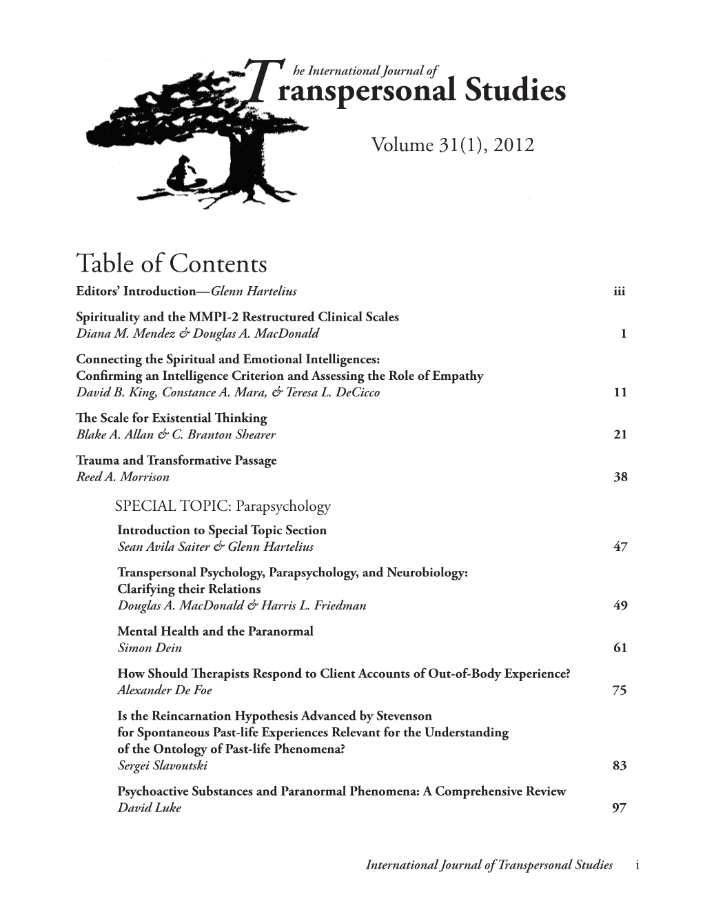 Ranspersonal Studies Volume 31(1), 2012