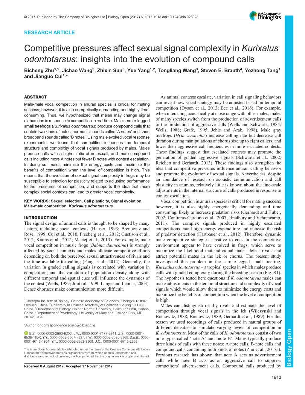 Kurixalus Odontotarsus: Insights Into the Evolution of Compound Calls Bicheng Zhu1,2, Jichao Wang3, Zhixin Sun3, Yue Yang1,2, Tongliang Wang3, Steven E