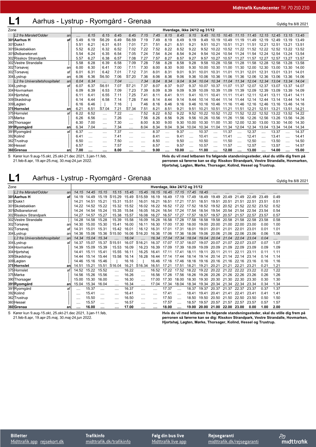 Lystrup - Ryomgård - Grenaa Gyldig Fra 8/8 2021 Zone Hverdage, Ikke 24/12 Og 31/12 L2 Fra Mårslet/Odder an