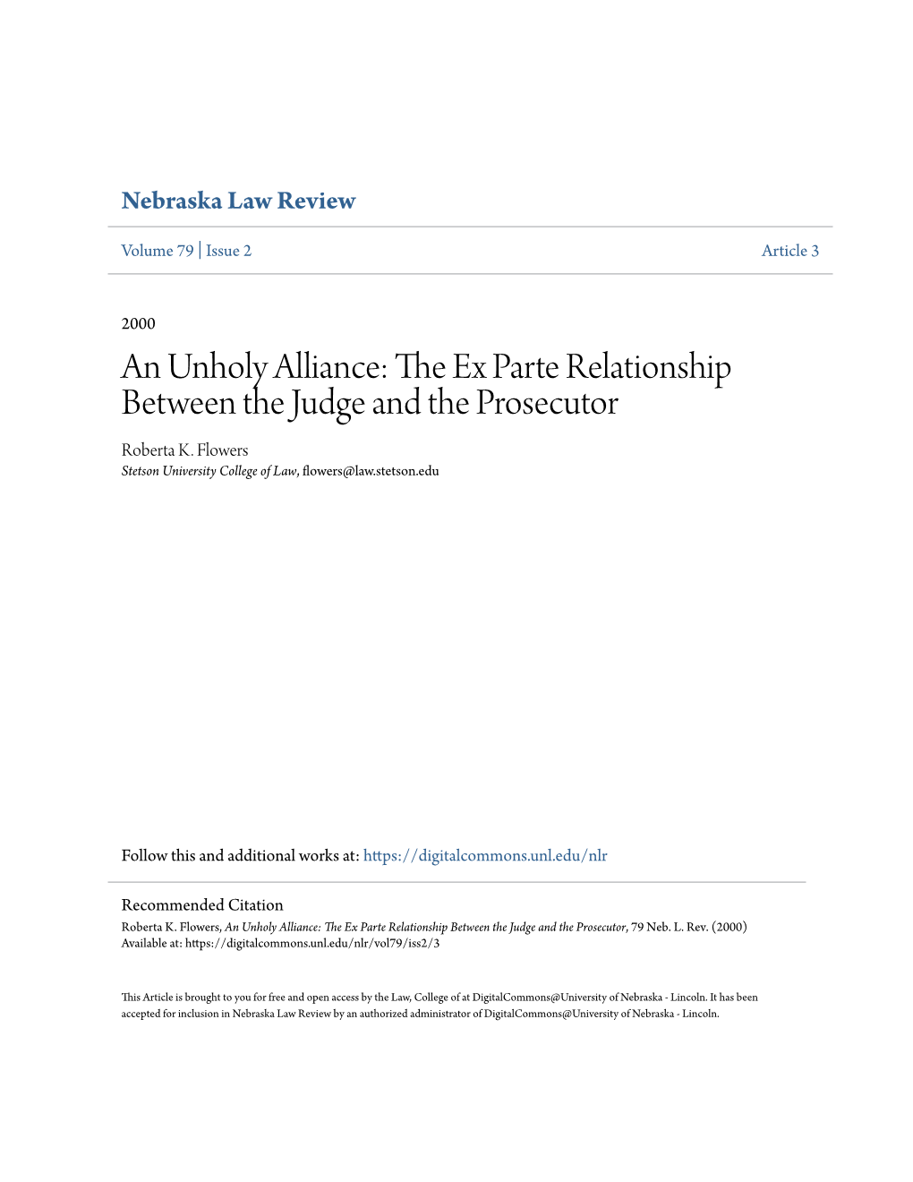 The Ex Parte Relationship Between the Judge and the Prosecutor Roberta K