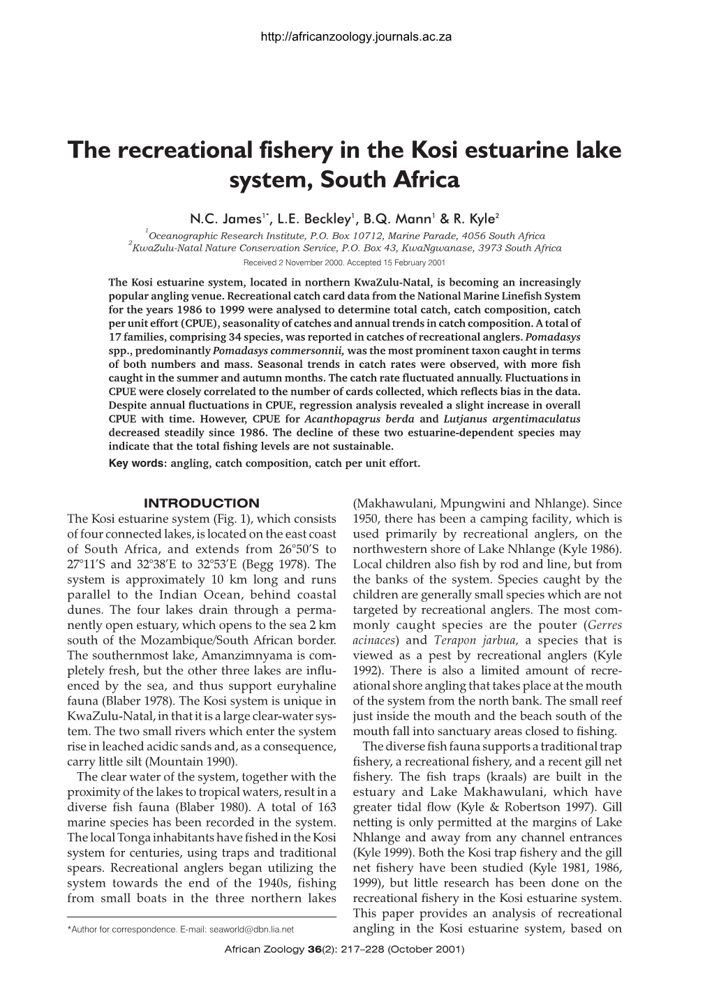 The Recreational Fishery in the Kosi Estuarine Lake System, South Africa