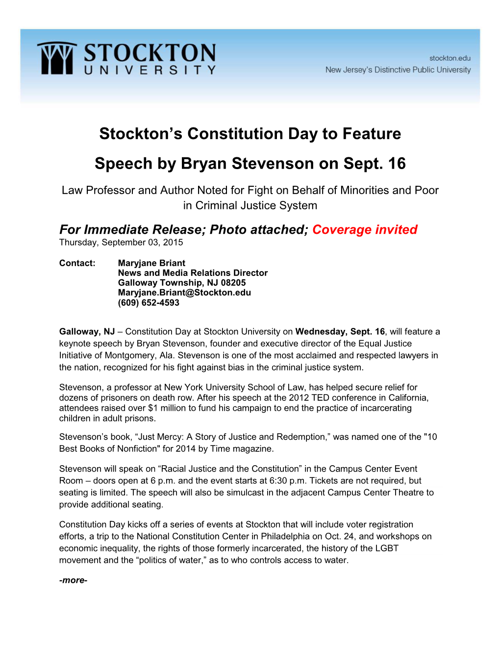 Stockton's Constitution Day to Feature Speech by Bryan Stevenson On