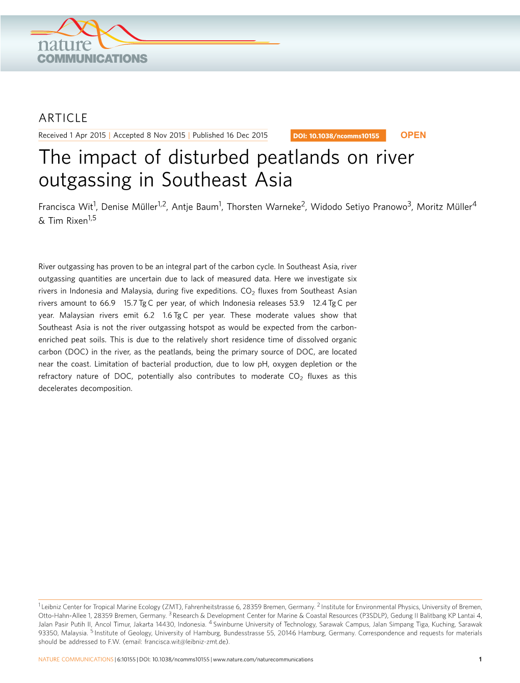 The Impact of Disturbed Peatlands on River Outgassing in Southeast Asia