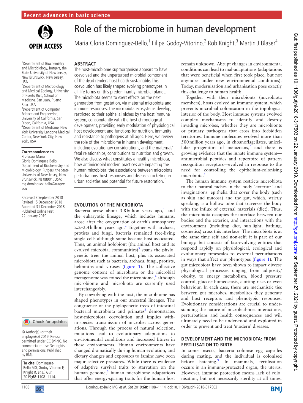 Role of the Microbiome in Human Development Gut: First Published As 10.1136/Gutjnl-2018-317503 on 22 January 2019