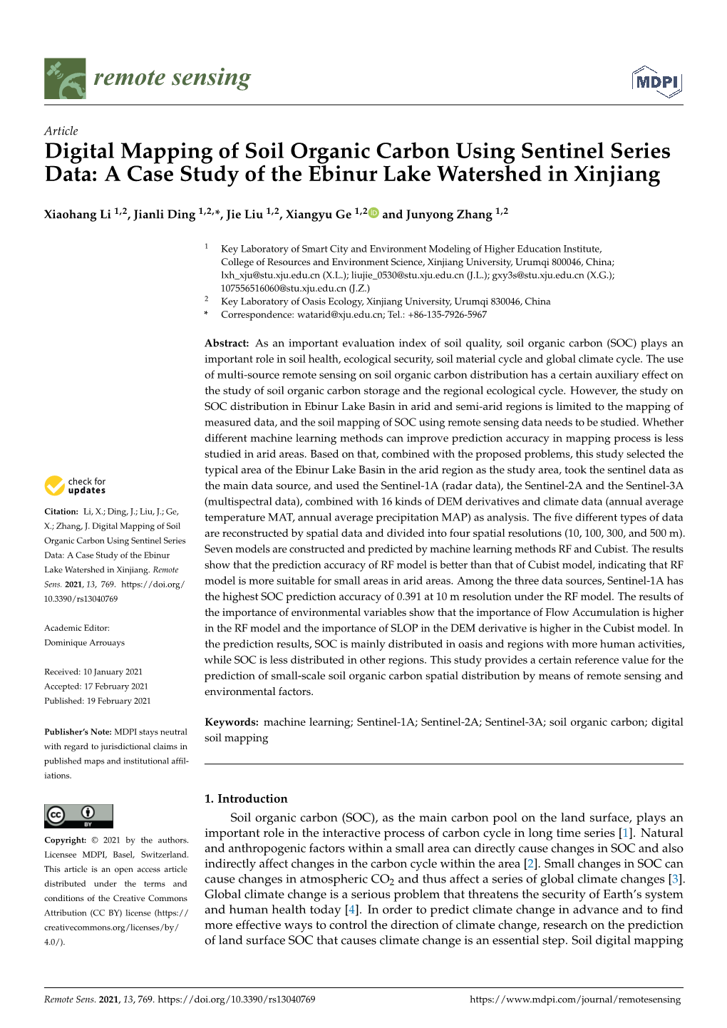 Digital Mapping of Soil Organic Carbon Using Sentinel Series Data: a Case Study of the Ebinur Lake Watershed in Xinjiang