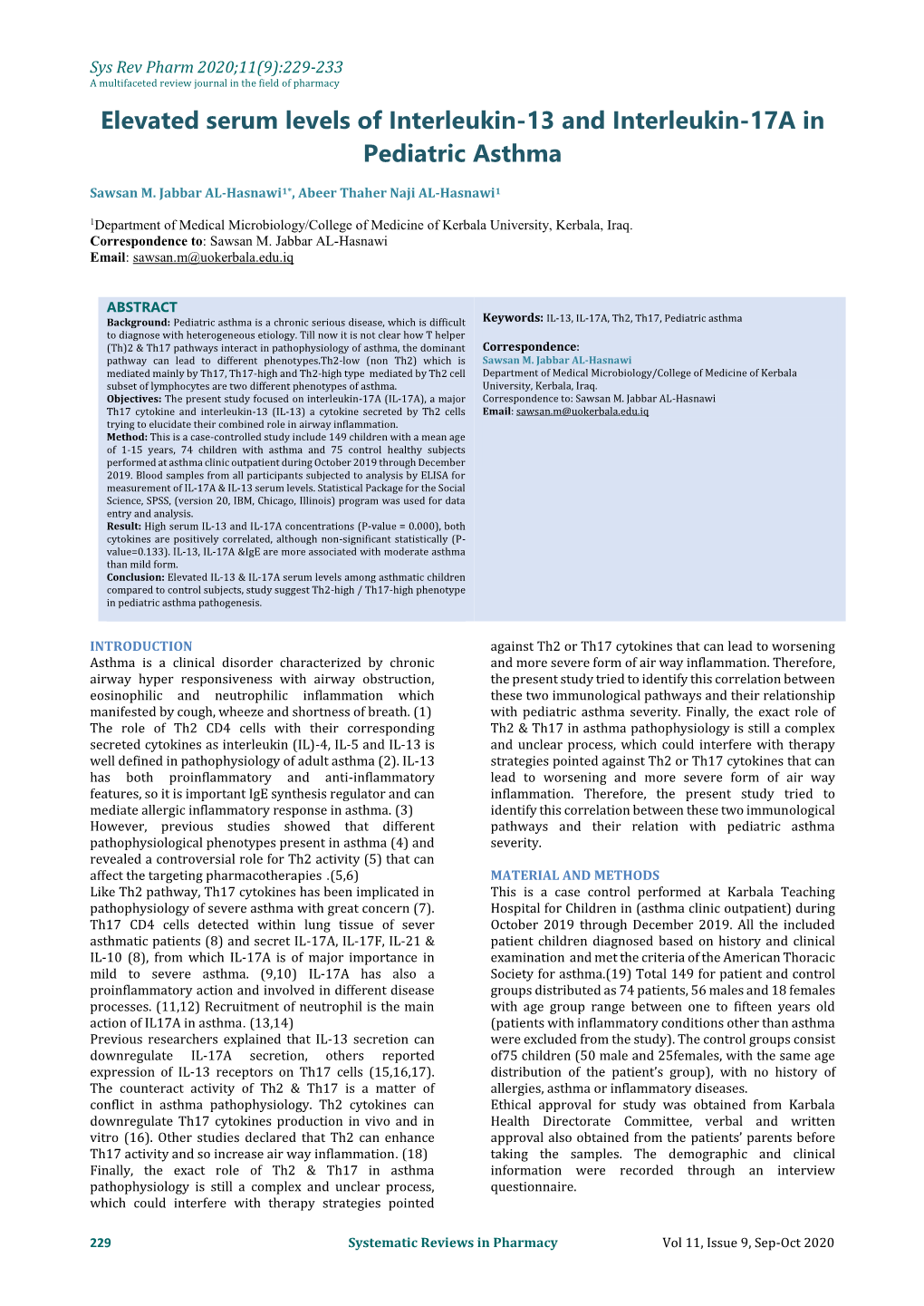 Elevated Serum Levels of Interleukin-13 and Interleukin-17A in Pediatric Asthma