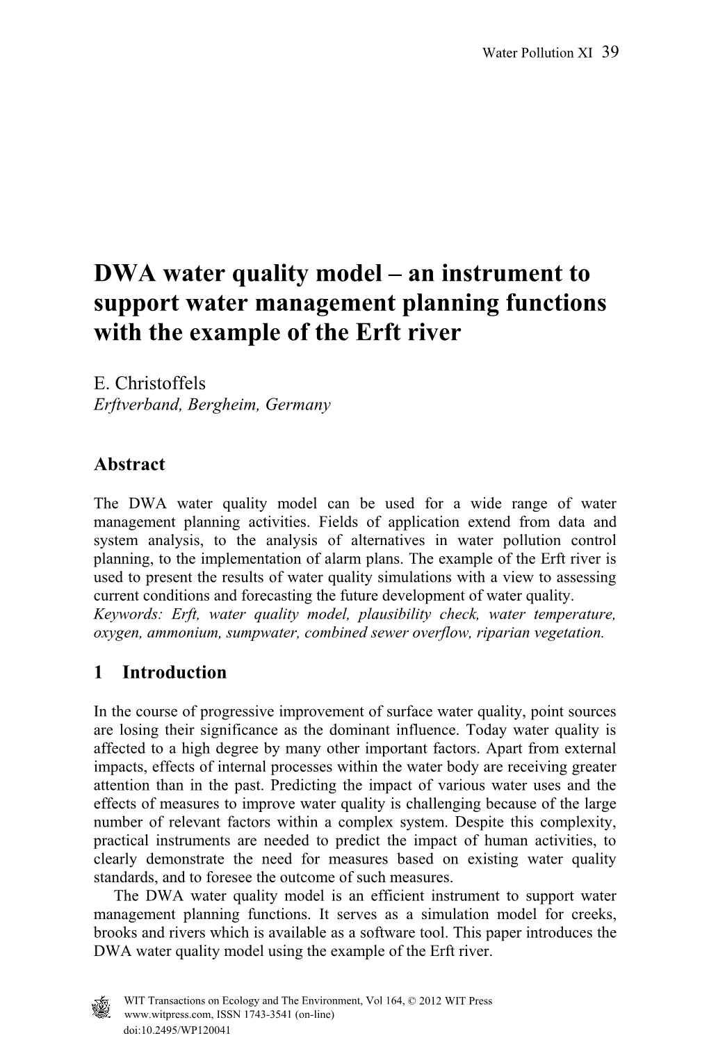 DWA Water Quality Model – an Instrument to Support Water Management Planning Functions with the Example of the Erft River