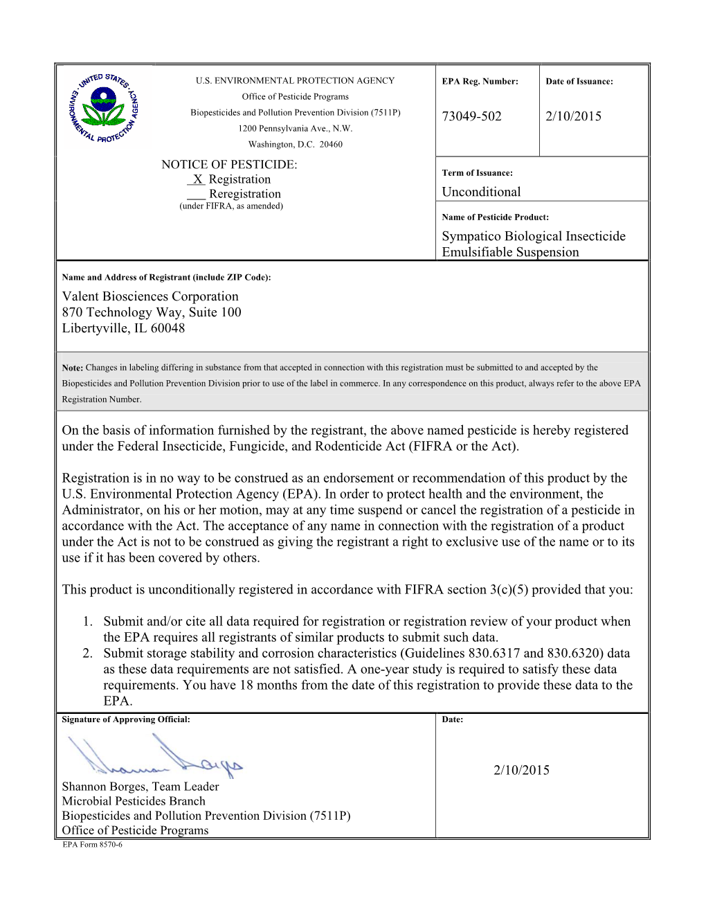 US EPA, Pesticide Product Label, VBC -60397,02/10/2015