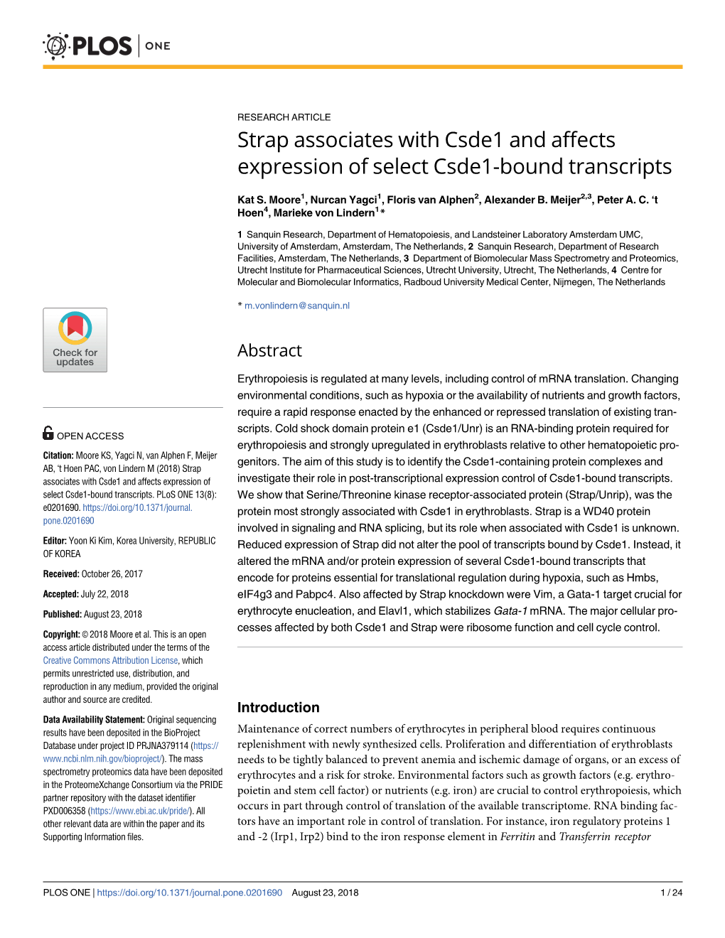 Strap Associates with Csde1 and Affects Expression of Select Csde1-Bound Transcripts