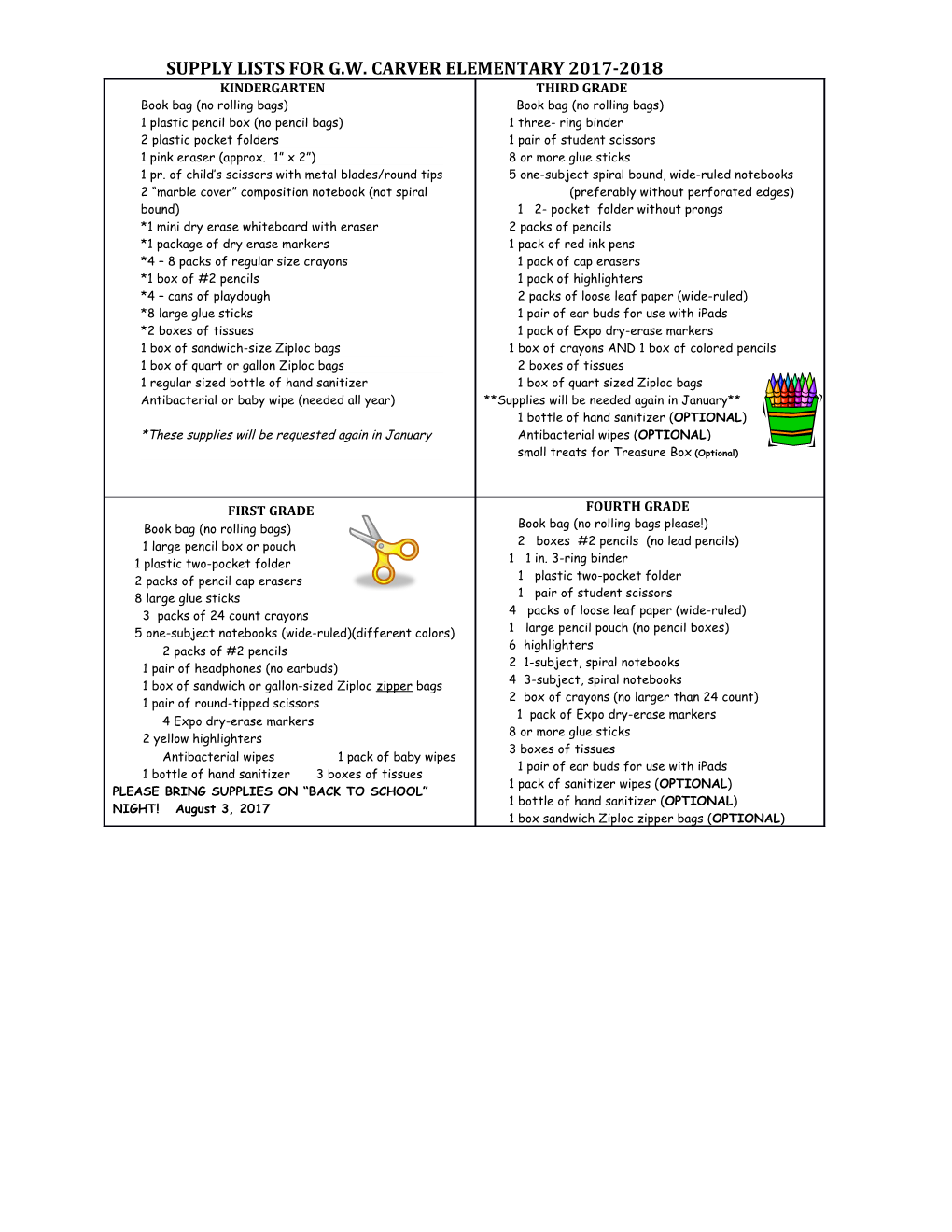 Supply Lists for G.W. Carver Elementary 2017-2018