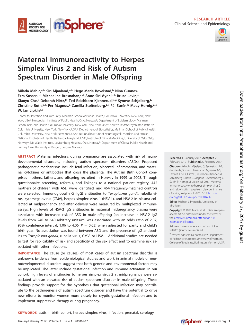 Maternal Immunoreactivity to Herpes Simplex Virus 2 and Risk of Autism Spectrum Disorder in Male Offspring