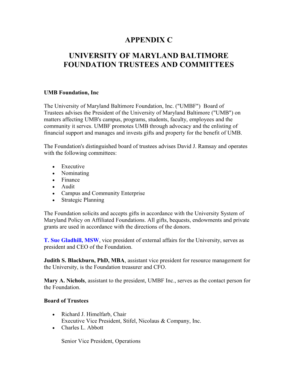 University of Maryland Baltimore Foundation Trustees and Committees