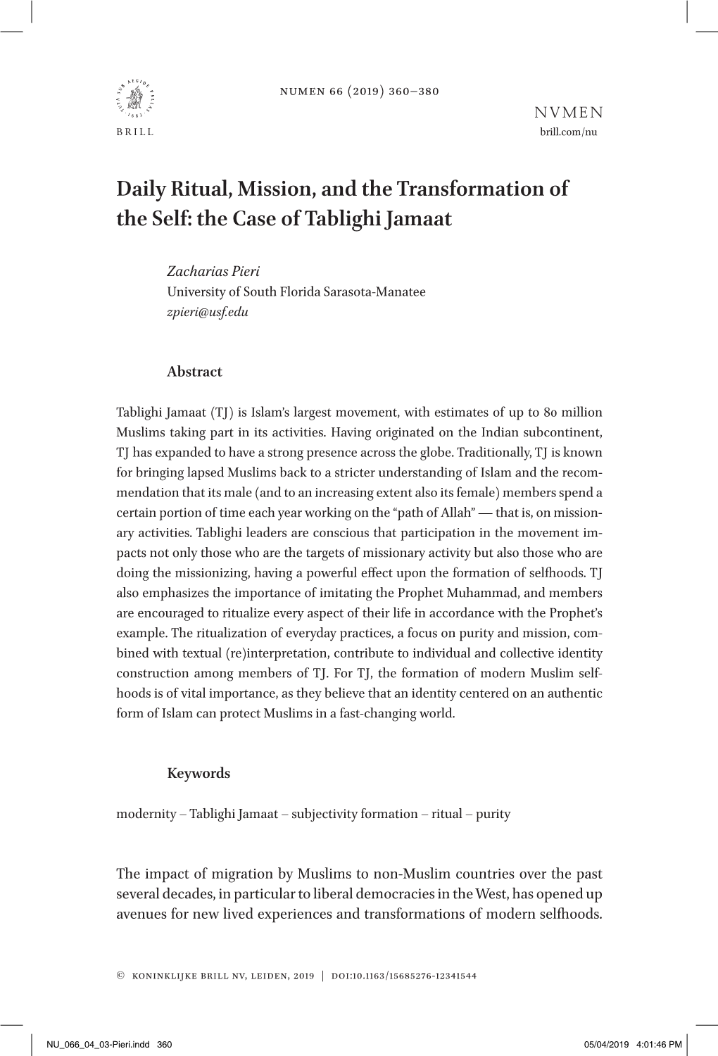 Daily Ritual, Mission, and the Transformation of the Self: the Case of Tablighi Jamaat