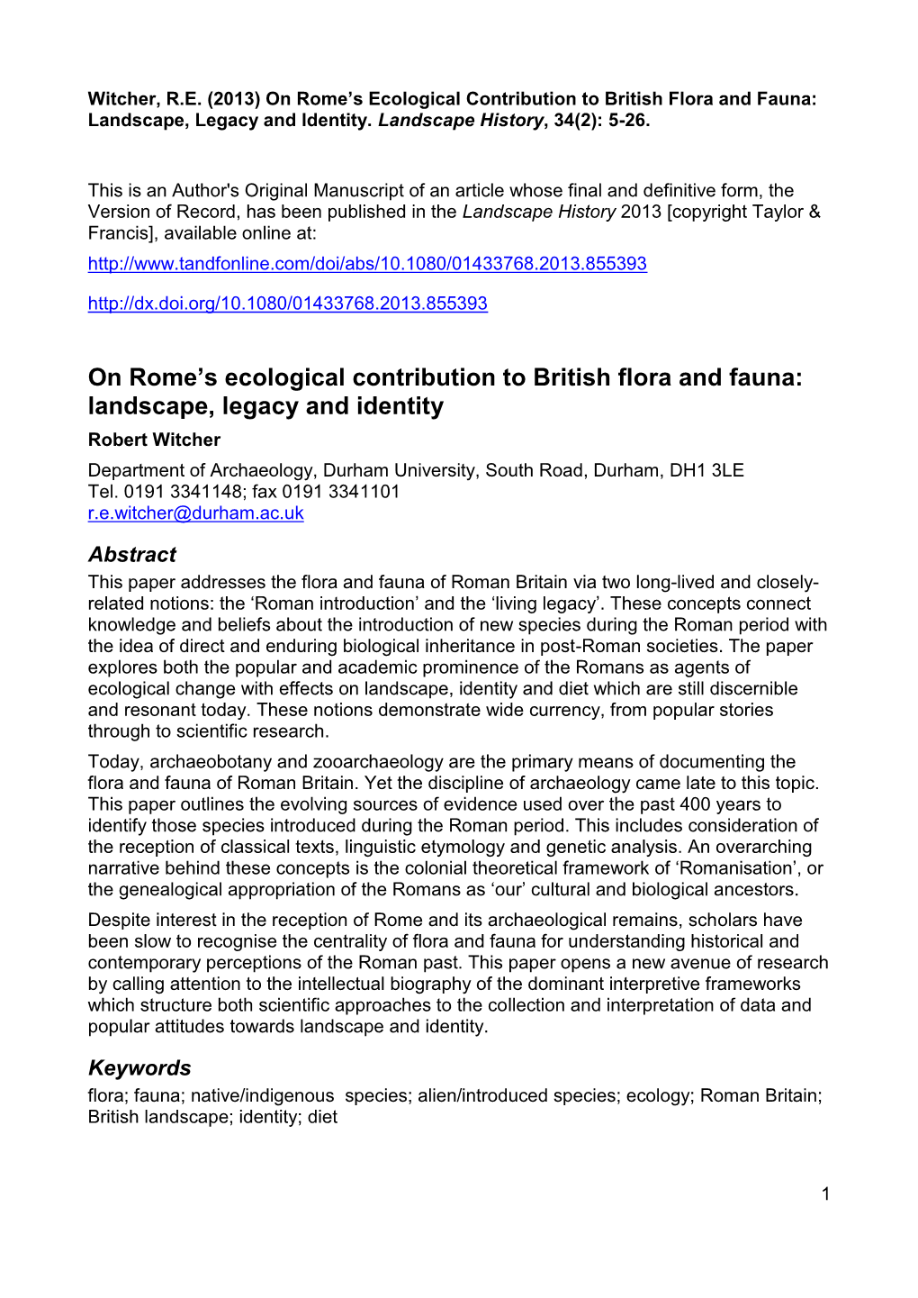 On Rome's Ecological Contribution to British Flora and Fauna