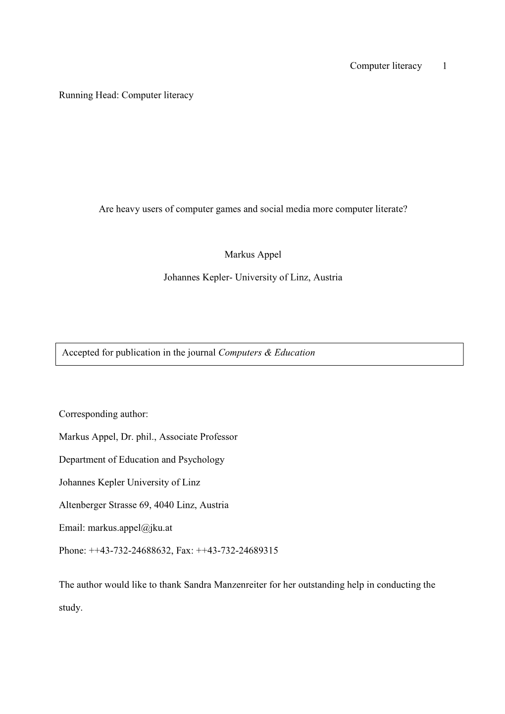 Appel (In Press) Social Media, Gaming, and Computer Literacy