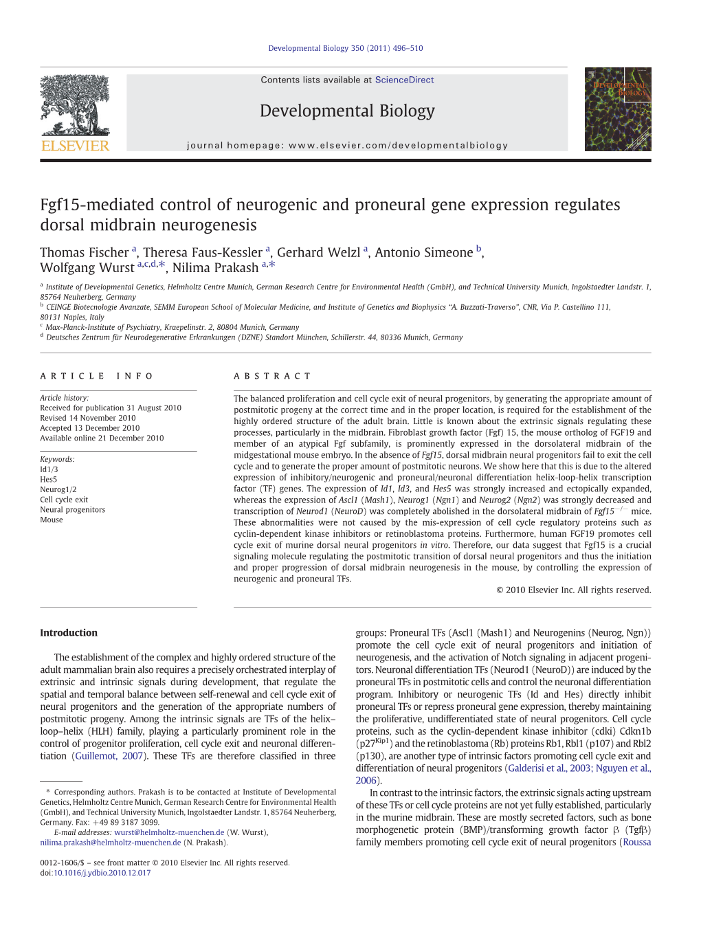 Fgf15-Mediated Control of Neurogenic and Proneural Gene Expression Regulates Dorsal Midbrain Neurogenesis