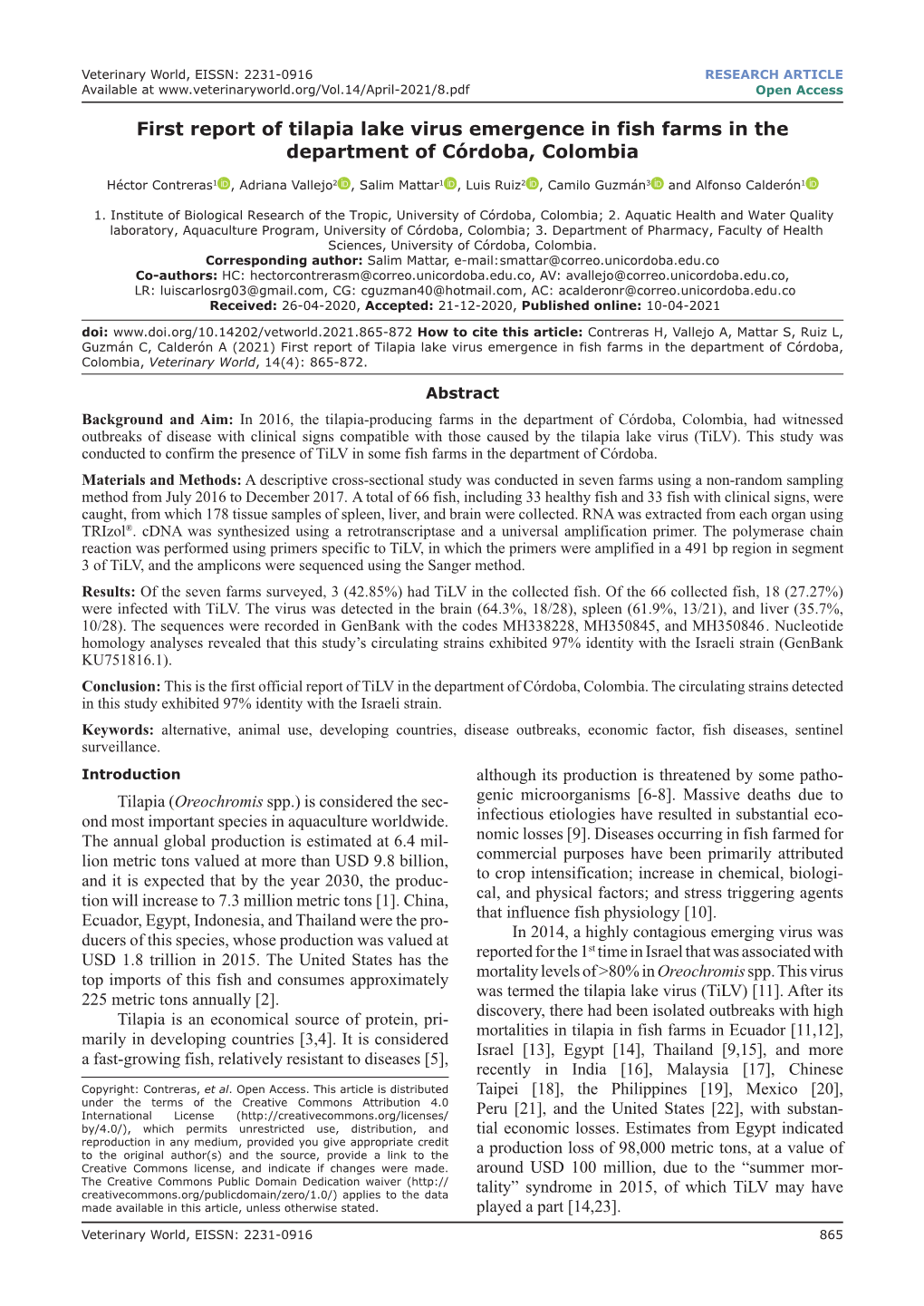 First Report of Tilapia Lake Virus Emergence in Fish Farms in the Department of Córdoba, Colombia