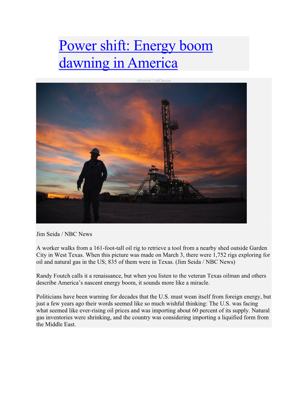 Power Shift: Energy Boom Dawning in America