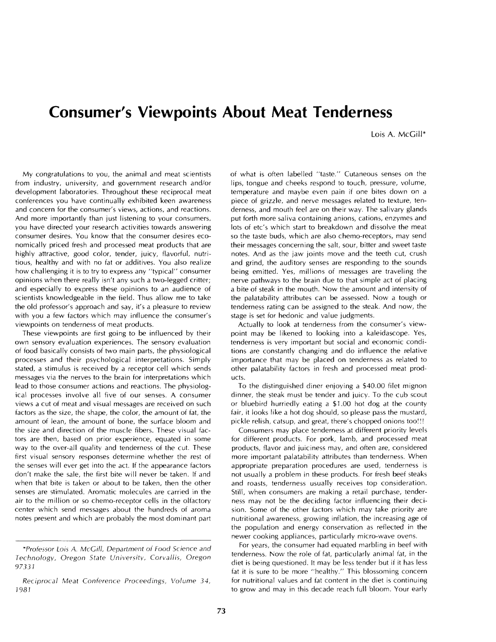 Consumer's Viewpoints About Meat Tenderness