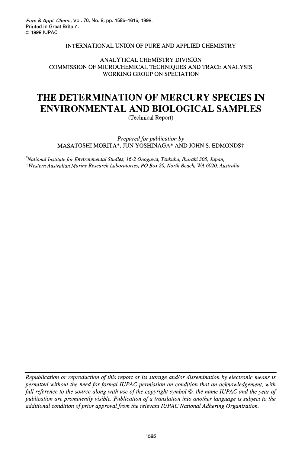 THE DETERMINATION of MERCURY SPECIES in ENVIRONMENTAL and BIOLOGICAL SAMPLES (Technical Report)